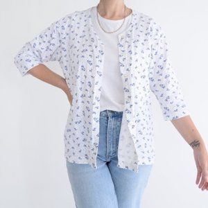 Vintage Northern Reflections White with Blue Floral Button Up Short Sleeve Shirt